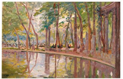 Élie-Anatole PAVIL (1873-1944) Un coin de parc Huile sur toile signée en bas à gauche....