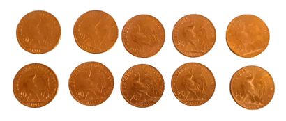 null Réunion de 10 pièces de 20 Francs en or Coq de Champlain (diverses années)



Vendu...