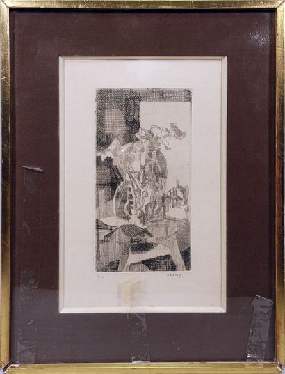 null Dorance VELAY (1927)
"Composition aux fleurs stylisées"
Gravure en noir signée...