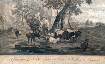 null Nicolaes BERGHEM (1620-1683) (d'après)
"Le retour à la ferme"
Gravure ancienne...