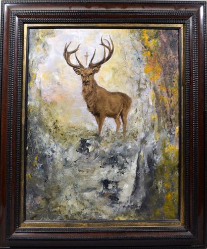null Monette DUBRAY (XXe)
"Portrait de cerf en forêt"
Huile sur toile signée en bas...