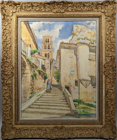 null École FRANCAISE du XXe siècle
"Ruelle provençale aux escaliers"
Aquarelle signée...