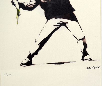 null BANKSY (b. 1974), after 
"Love is in The Air 
Color print on paper signed in...