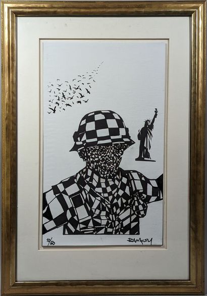 null BANKSY (né en 1974), d'après. 
"Soldier with Covid"
Sérigraphie datée 2020 numérotée...