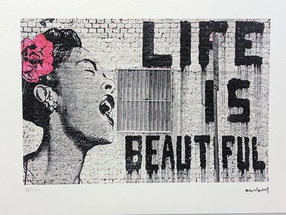 null BANKSY (né en 1974), d'après 
"Life is Beautiful" 
Épreuve en couleur sur papier...