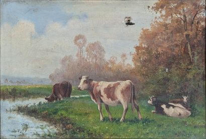 null Aimé-Adolphe BOURGOIN (1824-?)
"Les vaches"
Réunion de deux huiles sur toile...