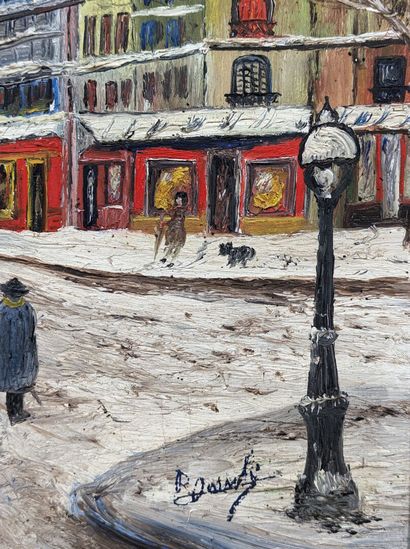 null R. DORNTS (XXe)
"Boulevards parisiens sous la neige"
Huile sur panneau d'isorel...