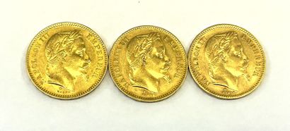 3 pièces de 20 Francs en or Napoléon III...
