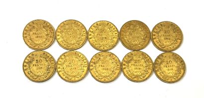 null Collection de 10 pièces de 20 Francs or Napoléon III tête nue 1856, 1853, 1854,...