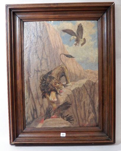 null F.T.HAYER.P
"Le lion et l'aigle"
Huile sur carton SBD et datée 1921
49 x 33...