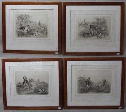 F.GRENIER (d'après) Quatre gravures sur le thème de la chasse par F. Delarue (roussures...