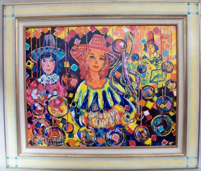BARDY FLORE "Musique festive - Clowns en féminin" HST SBD - 61 x 81 cm