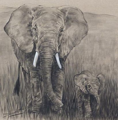 Jean-Paul Ducrot Les éléphants HST 100 x 100 cm
