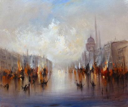 Jean-Michel NOQUET Les voiles rouges à Venise - Huile sur toile - 46 x 55 cm