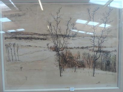 GANTNER Bernard né en 1928 Paysage sous la neige. Lithographie signée en bas à droite,...