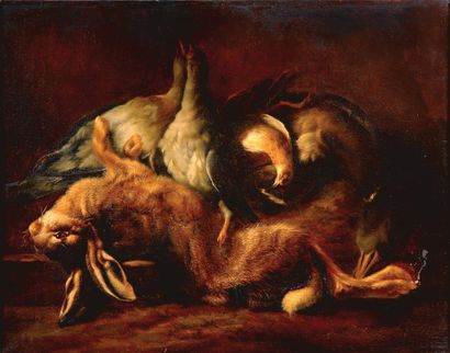 École FRANÇAISE du XVIIIe siècle Nature morte au lièvre Huile sur toile portant une...