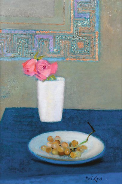 René GENIS (1922-2004) Fleurs sur une table Huile sur toile signée en bas à gauche...