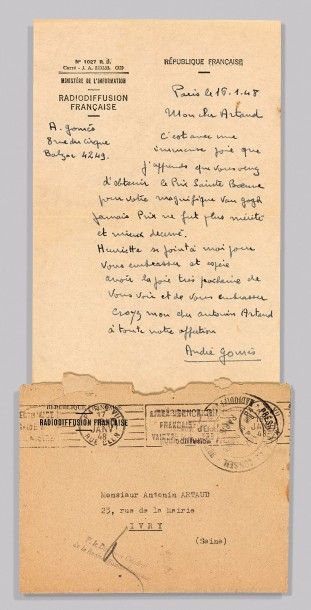 [ARTAUD Antonin] GOMES André LETTRE AUTOGRAPHE SIGNÉE À ANTONIN ARTAUD. Paris 16...