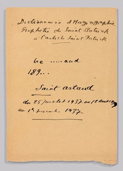 ARTAUD Antonin NOTE AUTOGRAPHE. 1 page in-8 à l'encre.
DANS CETTE NOTE AUTOGRAPHE...