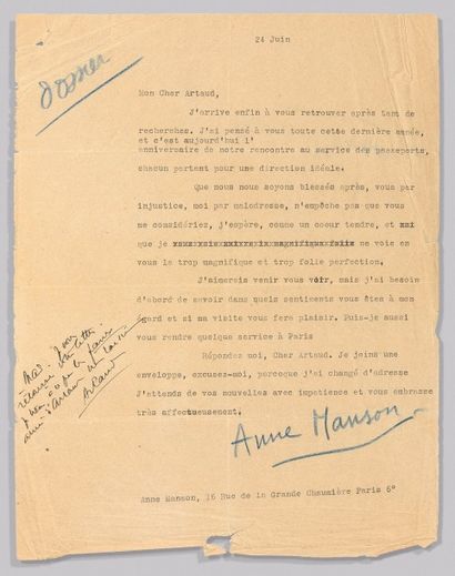 MANSON Anne LETTRE TAPUSCRITE À Antonin ARTAUD. Paris, (Sainte Anne) le 24 juin [1938]....