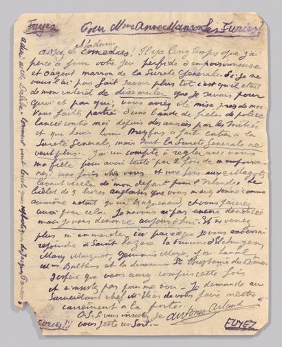 ARTAUD Antonin LETTRE SORT AUTOGRAPHE SIGNÉE POUR Mme ANNE MANSON LES FURIES. Paris,...