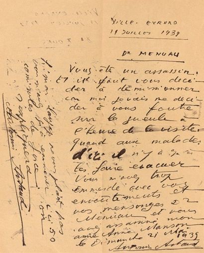 ARTAUD Antonin LETTRE AUTOGRAPHE SIGNÉE AU Dr FOUKS. Ville Evrard 19 juillet 1939;...