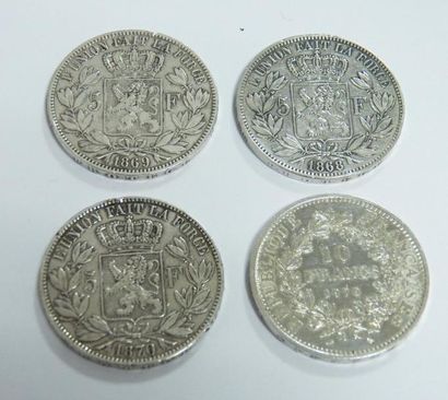 null lot de quatre pièces argent dont : 3 pièces de 5 Francs Belge et une pièce de...