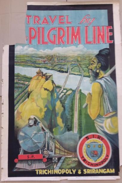 null Affiche en couleur "TRAVEL BY PILGRIM LINE - RAILWAY Cie" (déchirures, manques)...