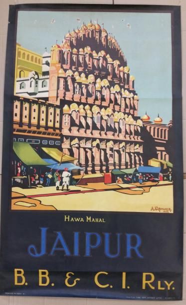 null Affiche en couleur "JAIPUR B.B. & C.I. RAILWAY 1935" signée Grimmer (déchirures...