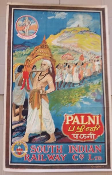 null Affiche en couleur "PALNI SOUTH INDIAN RAILWAY" - 64 x 101 cm (petites déchirures...