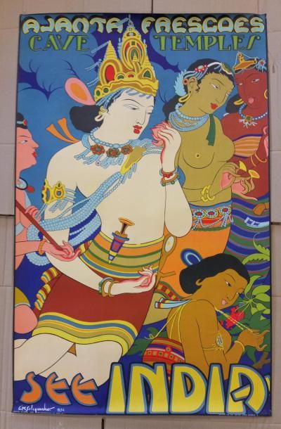 null Affiche en couleur "AJANTA FRESCOES CAVE TEMPLES SEE INDIA" - 63 x 100 cm