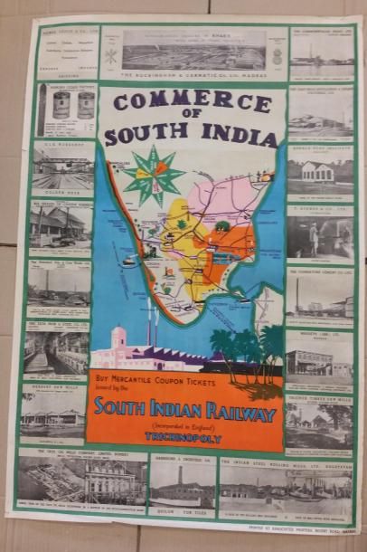 null Affiche en couleur "COMMERCE OF SOUTH INDIA - SOUTH INDIA RAILWAY" - 67,5 x...