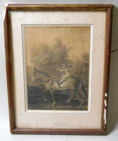 null Pierre-Roch VIGNERON (1789-1872) "Cupidon sur un âne" Dessin rehaussé à la craie...