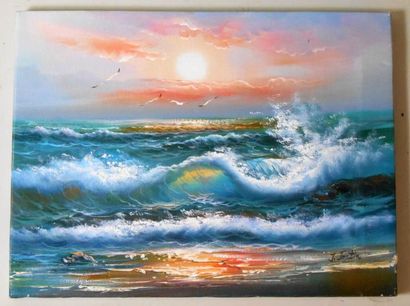 null J. JOSTIN (XXe) "Bord de mer au coucher du soleil" Huile sur toile signée en...