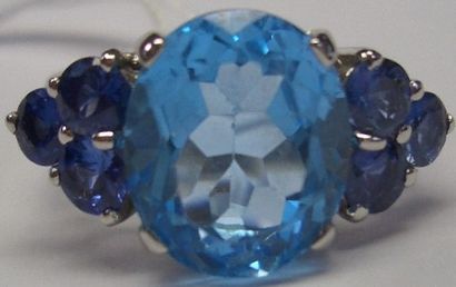 null Bague en or blanc ornée d'une topaze bleue de taille ovale 6,25 ct épaulée de...