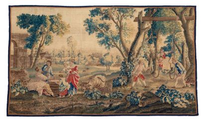 null Tapisserie d'Aubusson, en laine et soie du XVIIIe siècle A l'orée de la forêt...