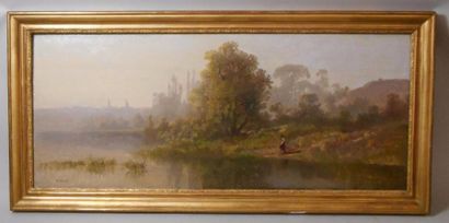 null Charles MERME (?-1869) "Bord de rivière" Huile sur toile marouflée sur panneau...