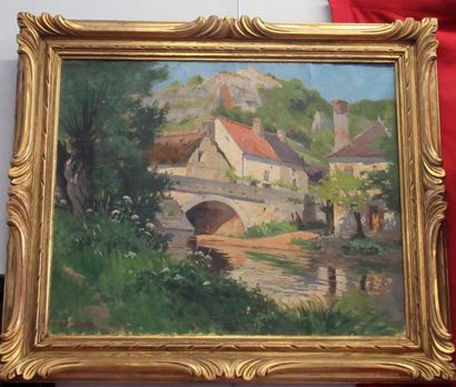 null Charles A. HALLE (XIX-XX) "Village en Suisse normande" Huile sur toile signée...