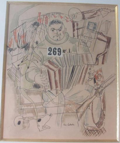 null CHAS LABORDE (1886-1941) "Joueur d'accordéon" Dessin aquarellé et collage signé...