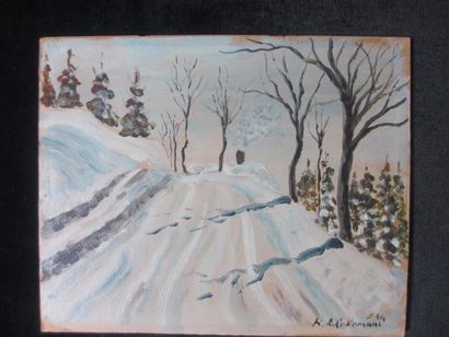 null H. PUTTEMANS : "Route sous la neige" Peinture sur carton signée en bas à droite...