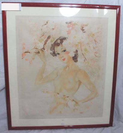 null Eugène CELIER (XXe) "Femme au cerisier japonais" Lithographie - 59 x 49 cm (accidents...