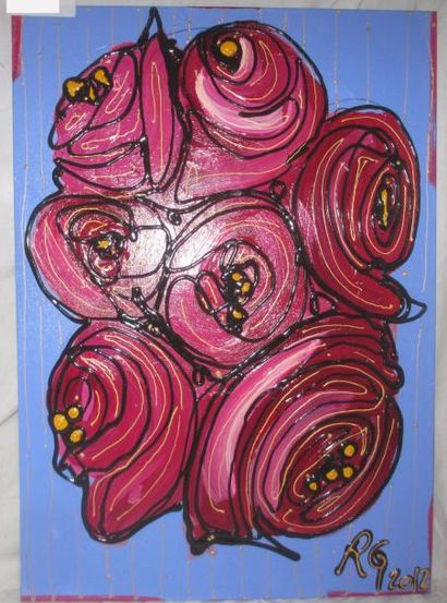 null Romain GABRIEL "Les Roses" Acrylique et technique mixte sur toile signée en...