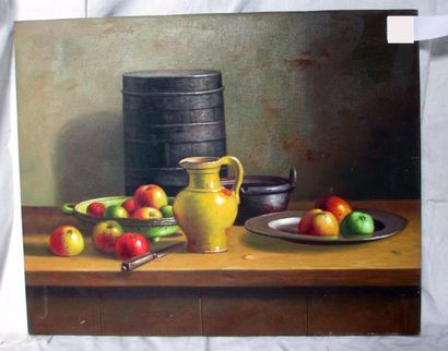 null Ecole moderne "Nature morte aux pommes" Huile sur toile non signée 