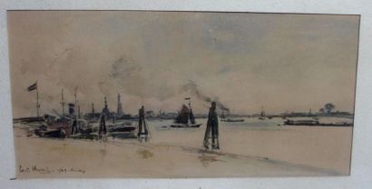 null Louis CHERVIN (1905-1969) "Anvers le port" Aquarelle et encre sur papier signée...