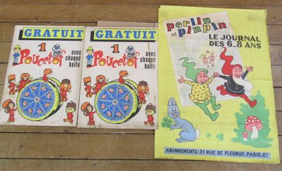 null Lot : * deux cartons de publicité * affiche 60 x 75 cm environ "Perlin et Pinpin...