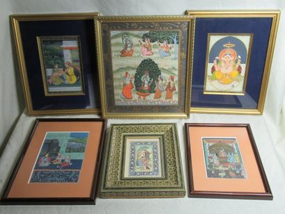 null Lot de 6 miniatures indiennes peintes sur tissu ou papier figurant "Scène de...