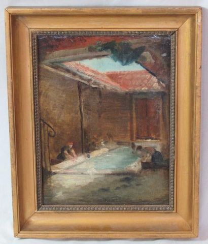 null Ecole orientale du XIXe siècle "Les lavandières sous le patio" Huile sur toile...