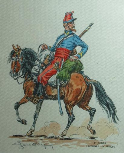 null Eugène LELIEPVRE (1908-2013) "Chasseurs d'Afrique" Impression sur papier rehaussé...