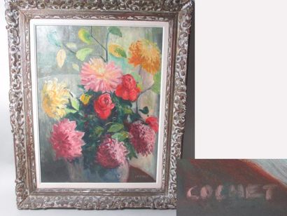 null COCHET (1888-1969) "Les dahlias" Huile sur Toile signée en bas à droite - 65...