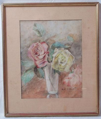 null Marthe Jeanne Louise LA LYRE LEVESQUES (XIX- XX) "Vase de roses" Aquarelle sur...